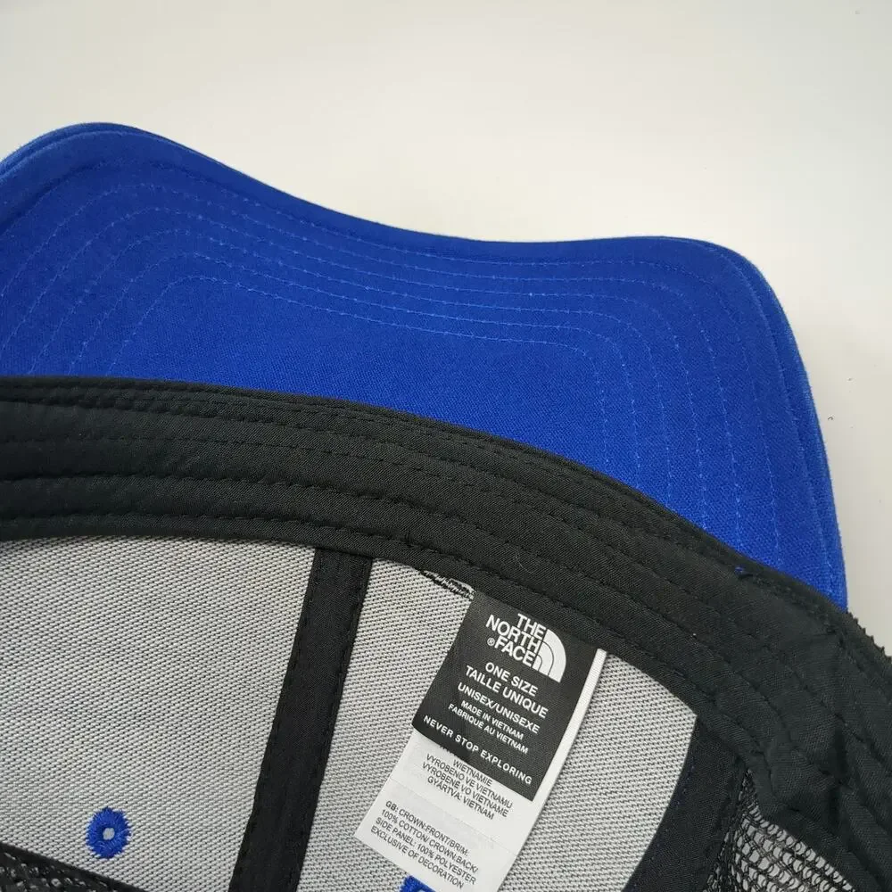 The North Face Trucker Hat Blue One Size Pierce Logo Mesh Snapback Black Cap